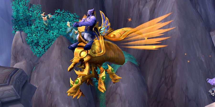 A flying metallic gold scarab beetle mount with yellow-orange wings and green gem studs at its legs joints.